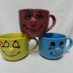 Mulberry Happy Face mug cup Set 3 smiling hearts 3D nose ceramic Dish Micro